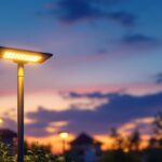 A photograph of a beautifully illuminated extra large solar post light in a contemporary outdoor setting