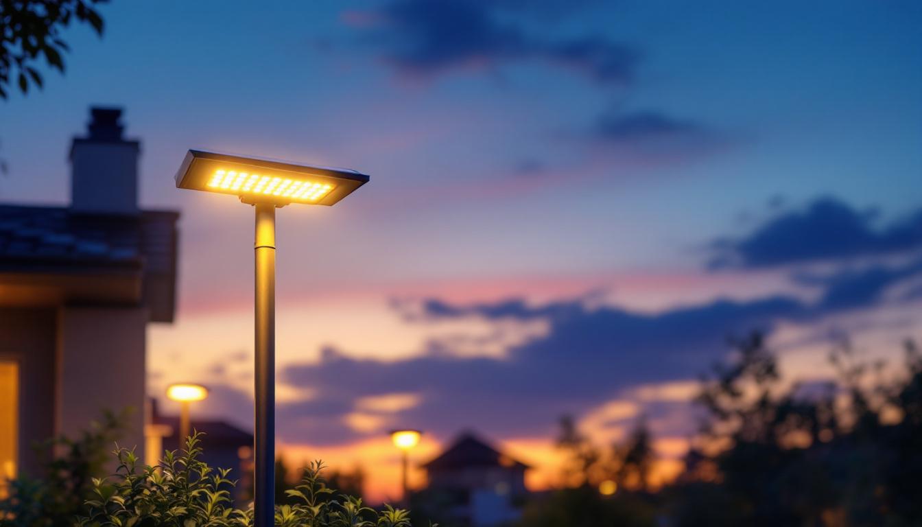 A photograph of a beautifully illuminated extra large solar post light in a contemporary outdoor setting