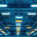 A photograph of a modern lighting installation showcasing 8ft led fixtures in a commercial or industrial setting