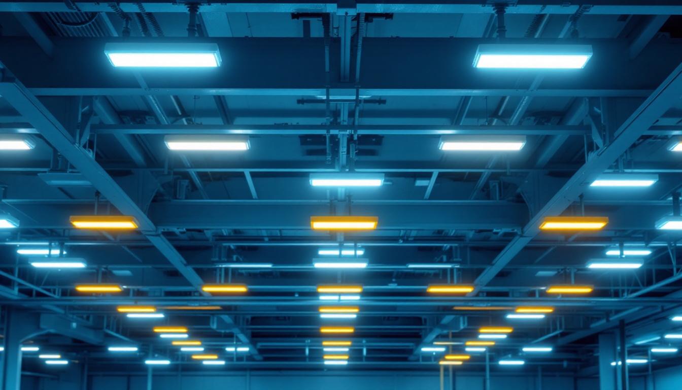 A photograph of a modern lighting installation showcasing 8ft led fixtures in a commercial or industrial setting