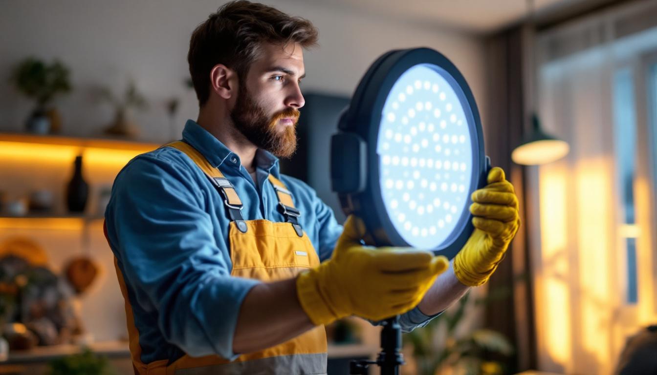 A photograph of a lighting contractor installing or showcasing an 8-inch led light in a modern residential or commercial space