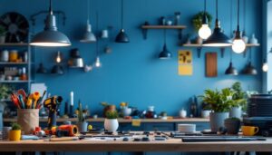 A photograph of a well-organized workspace featuring a variety of pendant lighting replacement parts