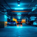 A photograph of a well-lit parking garage showcasing modern lighting fixtures in action