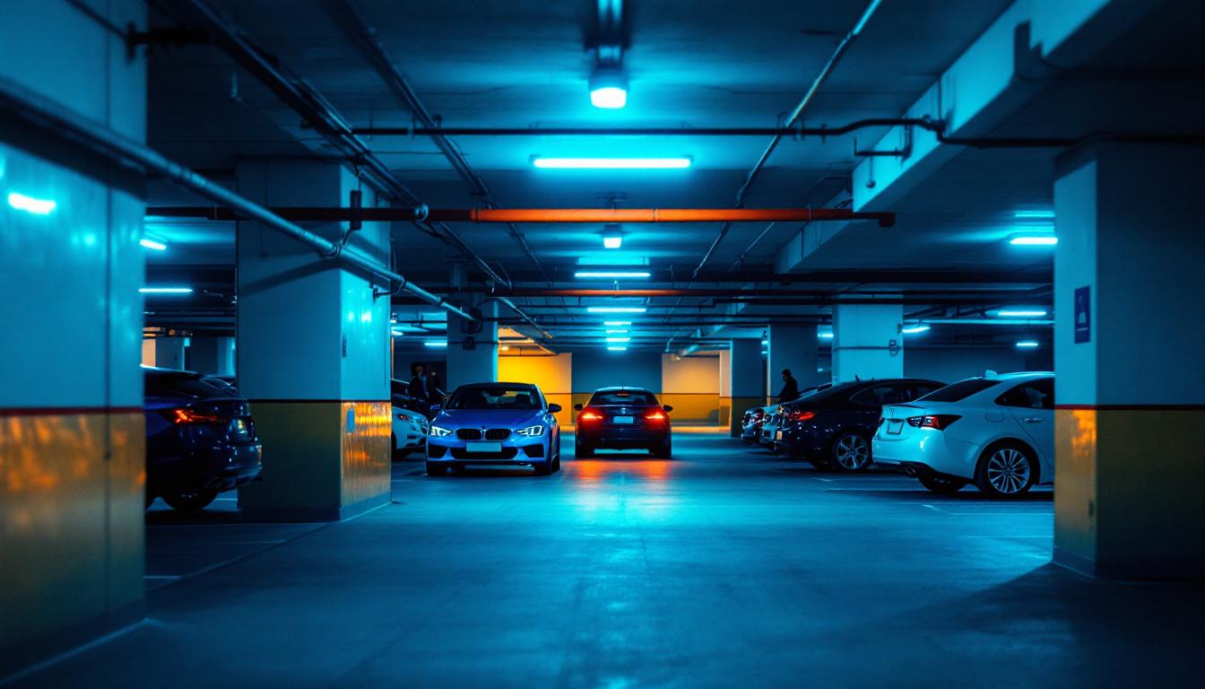 A photograph of a well-lit parking garage showcasing modern lighting fixtures in action
