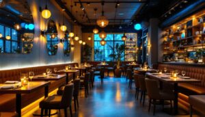 A photograph of a beautifully illuminated restaurant interior showcasing various commercial lighting designs