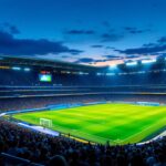 A photograph of a brightly lit stadium at dusk