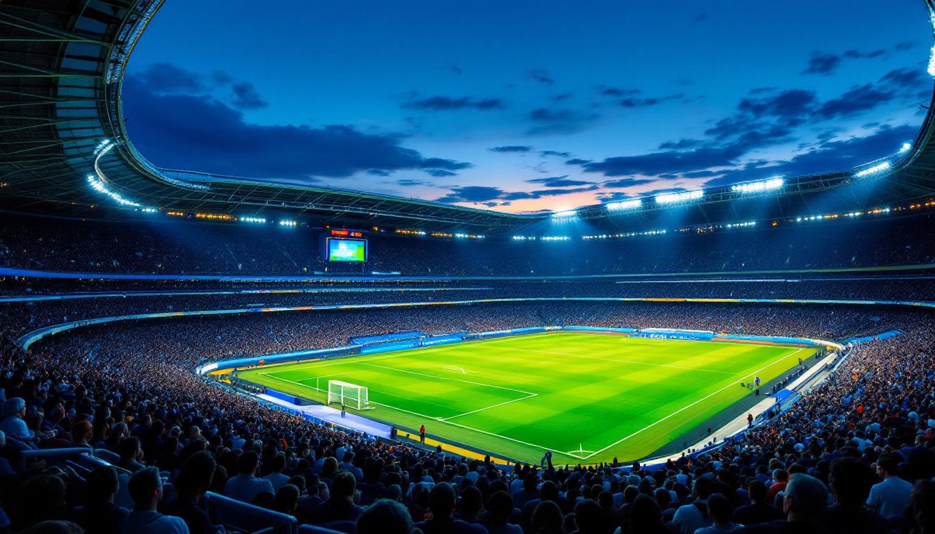 A photograph of a brightly lit stadium at dusk