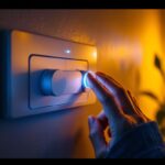 A photograph of a lighting contractor adjusting a modern led dimmer switch in a stylishly lit room