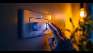 A photograph of a lighting contractor adjusting a modern led dimmer switch in a stylishly lit room