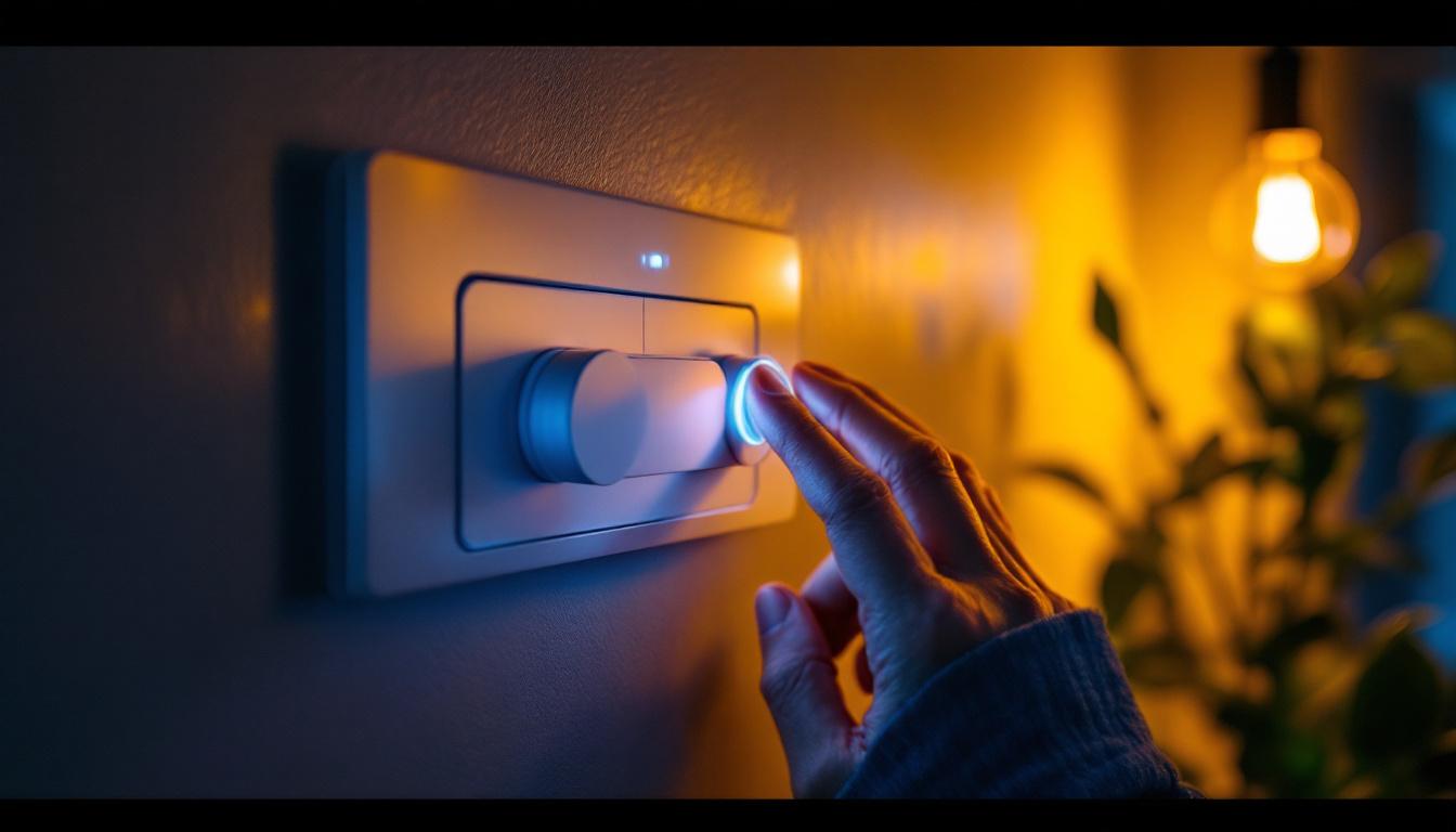 A photograph of a lighting contractor adjusting a modern led dimmer switch in a stylishly lit room
