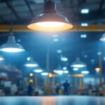 A photograph of a well-lit industrial workspace featuring led light fixtures