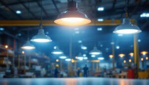 A photograph of a well-lit industrial workspace featuring led light fixtures