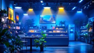 A photograph of a well-lit shop interior showcasing various solar lighting installations