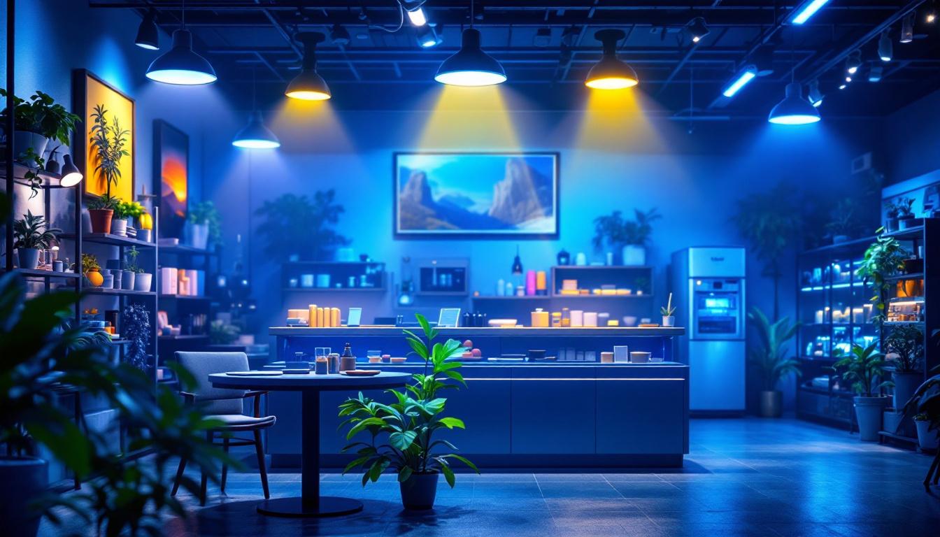 A photograph of a well-lit shop interior showcasing various solar lighting installations