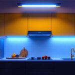 A photograph of a modern kitchen featuring a well-lit area with stylish fluorescent lighting