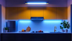 A photograph of a modern kitchen featuring a well-lit area with stylish fluorescent lighting