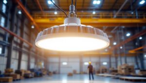 A photograph of a brightly lit industrial space showcasing a 200w led high bay light in action