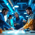 A photograph of a diverse group of team members engaged in a hands-on training session