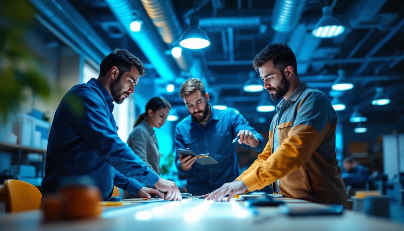A photograph of a diverse group of team members engaged in a hands-on training session
