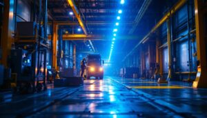 A photograph of a modern industrial setting featuring uv light installations in action