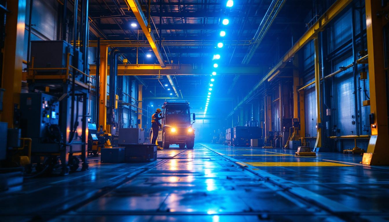 A photograph of a modern industrial setting featuring uv light installations in action