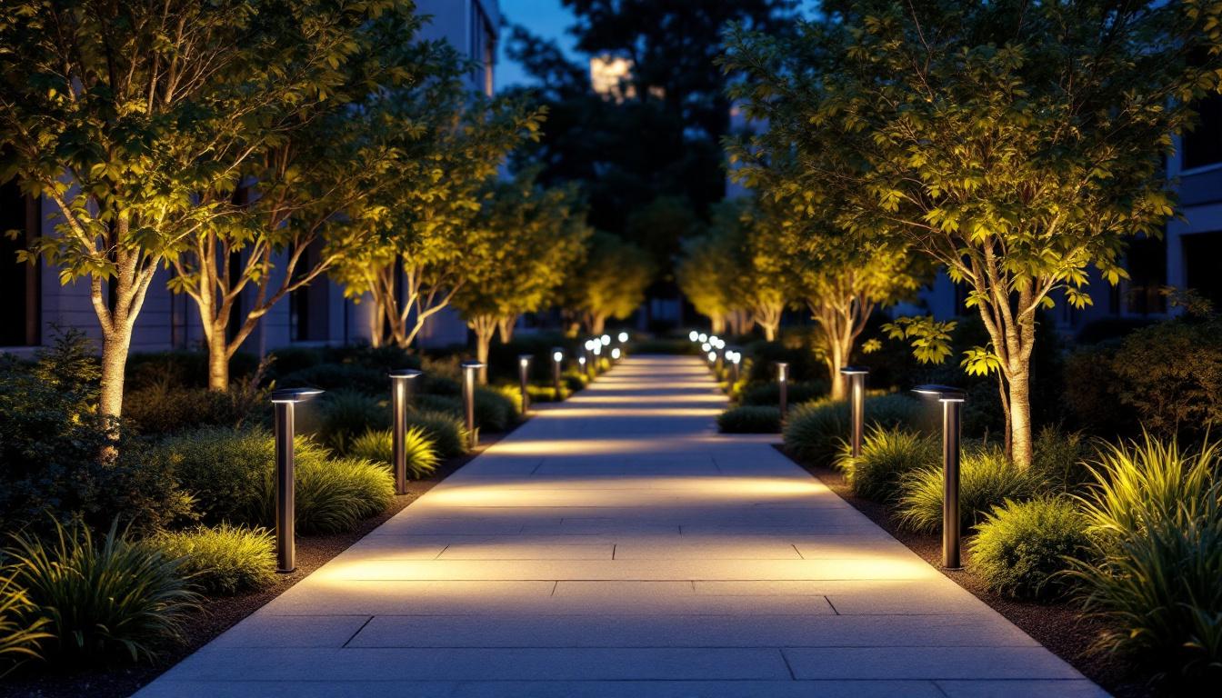 A photograph of a well-lit outdoor space featuring various styles of external bollard lights illuminating pathways and landscaping