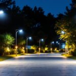A photograph of a beautifully illuminated outdoor space at dusk