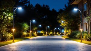 A photograph of a beautifully illuminated outdoor space at dusk