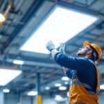 A photograph of a well-lit high bay lighting installation in a commercial space