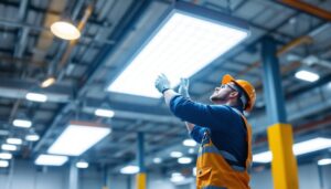 A photograph of a well-lit high bay lighting installation in a commercial space