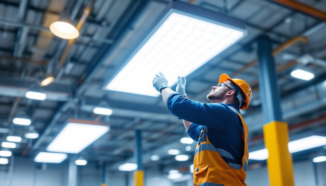 A photograph of a well-lit high bay lighting installation in a commercial space