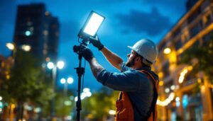 A photograph of a skilled lighting contractor installing or adjusting outdoor commercial lights in a vibrant nighttime setting