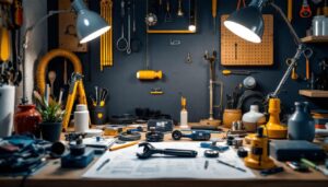 A photograph of a well-organized workspace featuring various gooseneck lamp parts