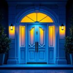 A photograph of a beautifully illuminated entrance featuring stylish over door lighting fixtures that enhance the architectural details of the doorway