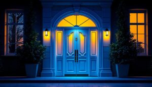 A photograph of a beautifully illuminated entrance featuring stylish over door lighting fixtures that enhance the architectural details of the doorway