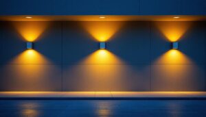 A photograph of a well-lit exterior space showcasing various wall pack led fixtures installed on a building