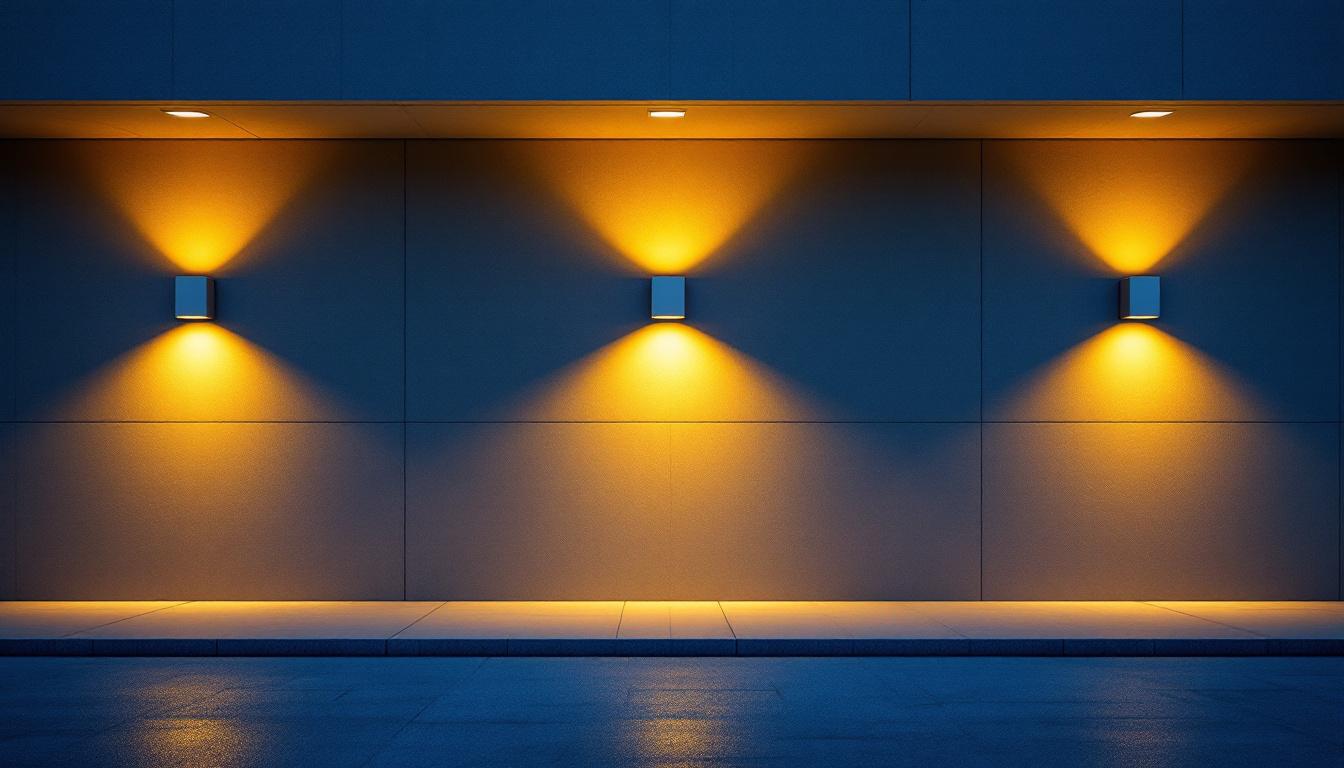 A photograph of a well-lit exterior space showcasing various wall pack led fixtures installed on a building