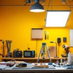 A photograph of a well-lit workspace featuring a 2' x 4' led light panel installed on the ceiling