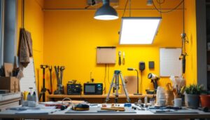 A photograph of a well-lit workspace featuring a 2' x 4' led light panel installed on the ceiling
