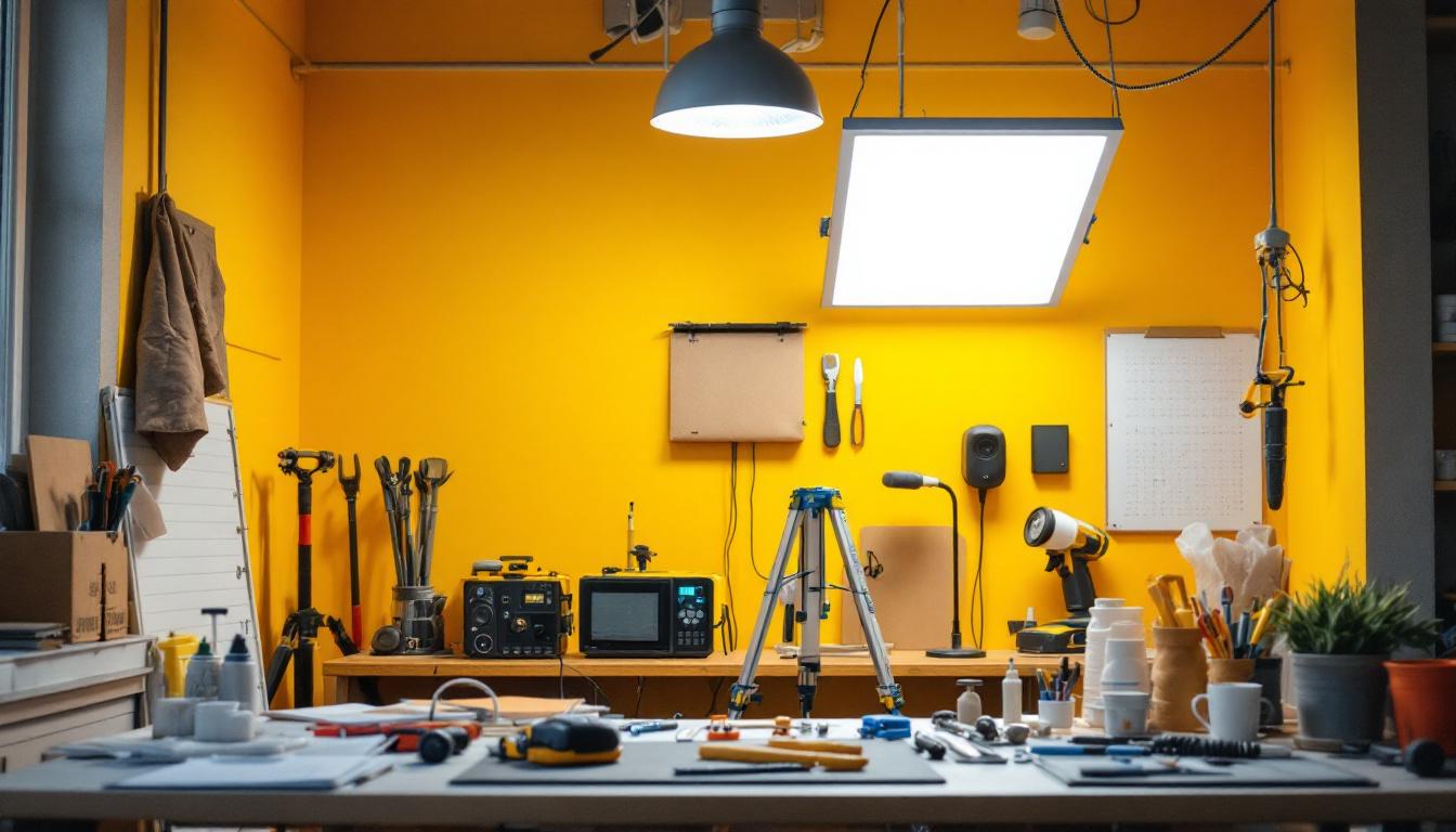 A photograph of a well-lit workspace featuring a 2' x 4' led light panel installed on the ceiling