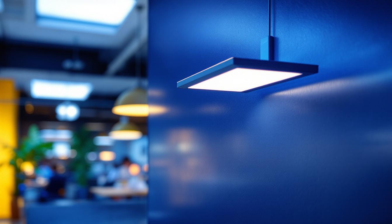A photograph of a sleek 1x4 light fixture installed in a modern commercial space