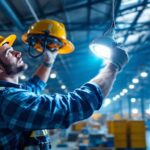 A photograph of a lighting contractor installing or adjusting a 200w led high bay light in a spacious industrial or commercial setting