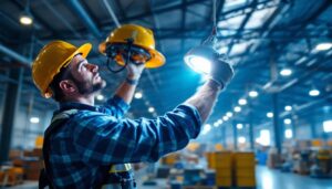 A photograph of a lighting contractor installing or adjusting a 200w led high bay light in a spacious industrial or commercial setting