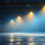 A photograph of a spacious industrial or commercial setting illuminated by bright