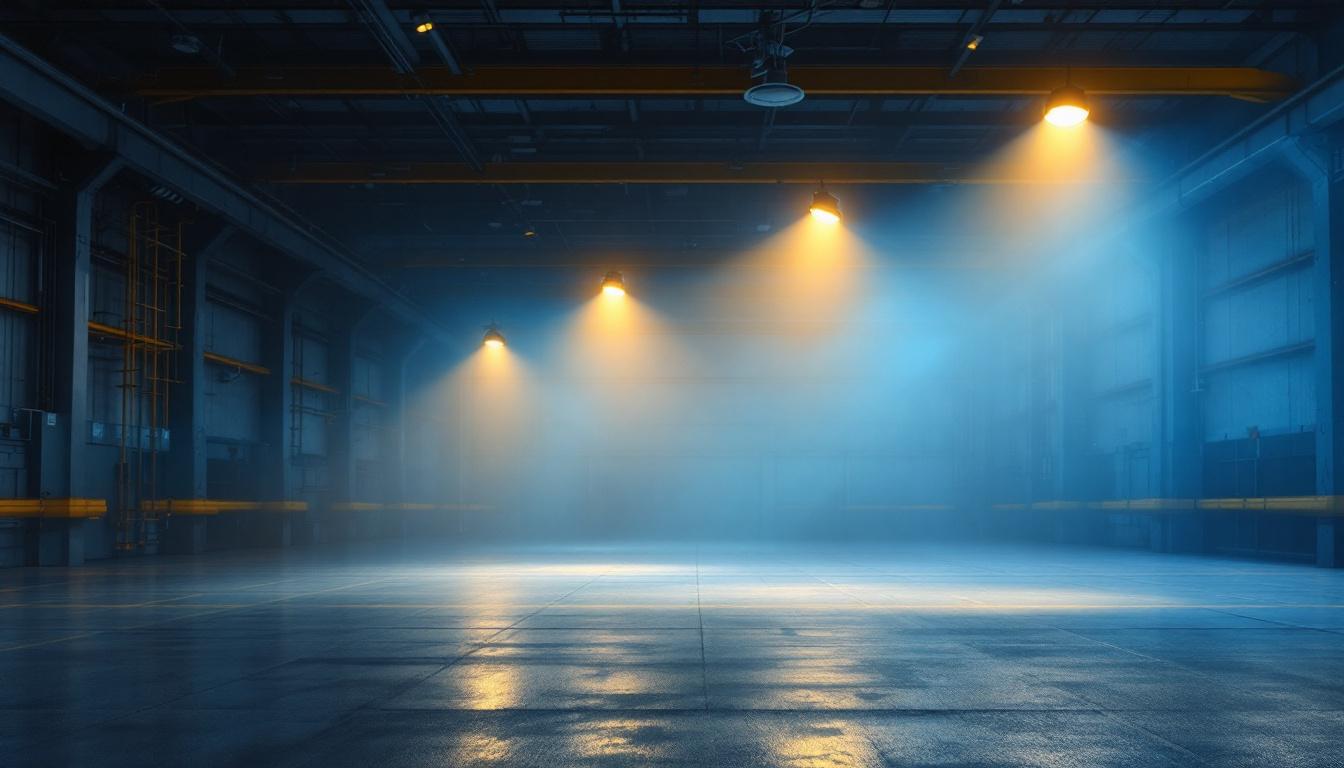 A photograph of a spacious industrial or commercial setting illuminated by bright