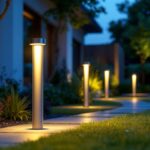 A photograph of a modern outdoor setting featuring energy-efficient led bollard lights illuminating a pathway or garden area