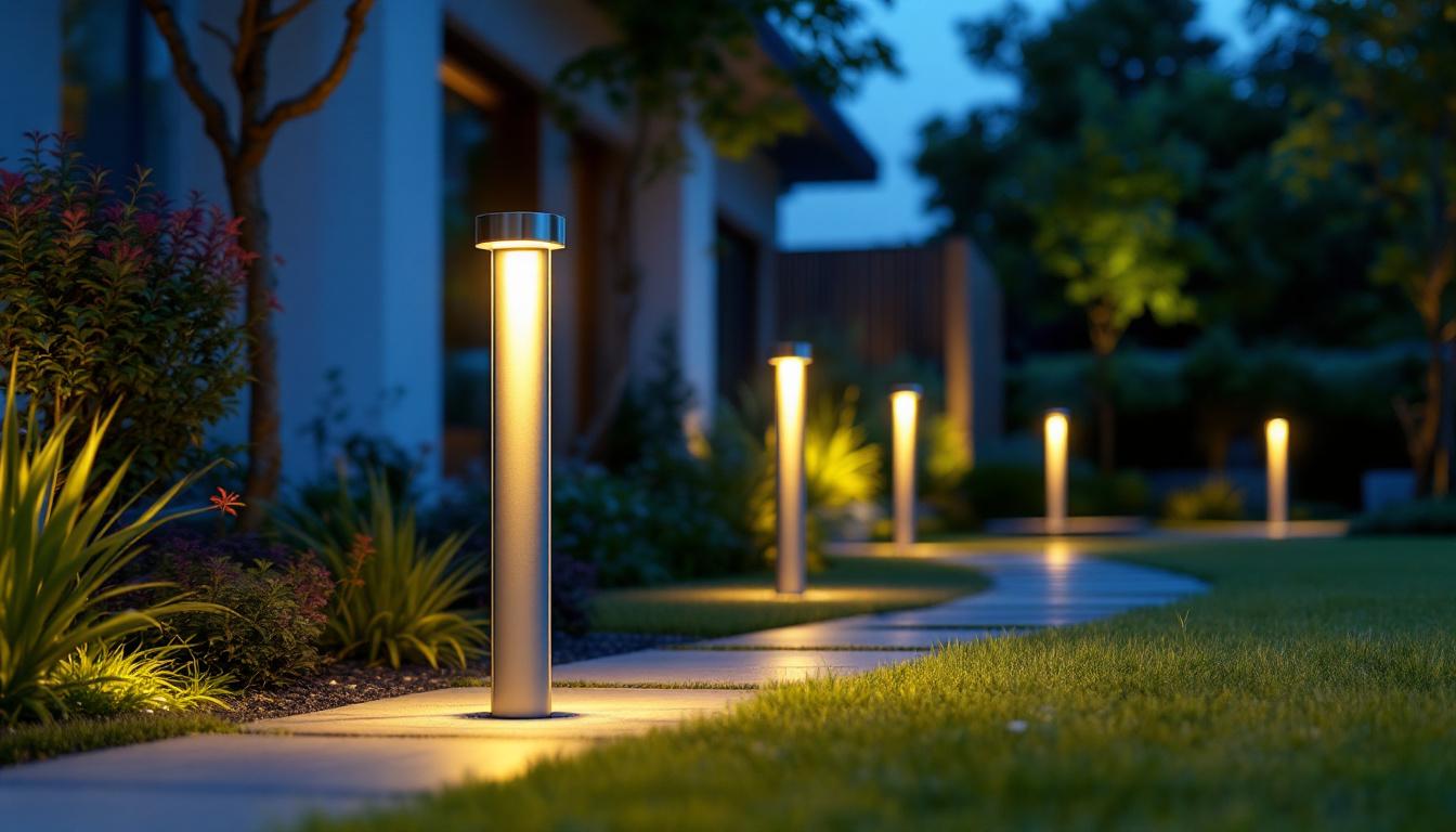 A photograph of a modern outdoor setting featuring energy-efficient led bollard lights illuminating a pathway or garden area