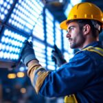 A photograph of a lighting contractor in action