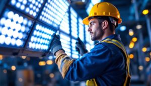 A photograph of a lighting contractor in action