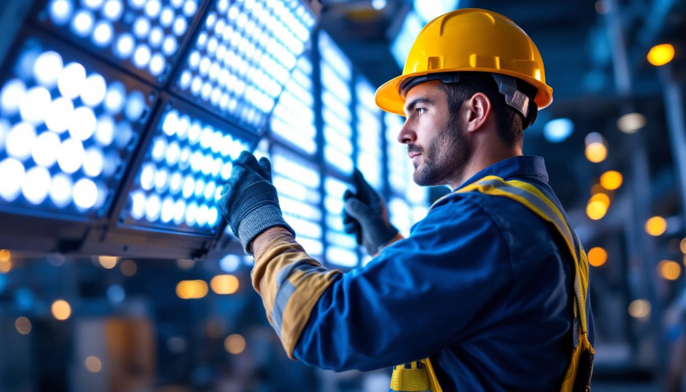 A photograph of a lighting contractor in action